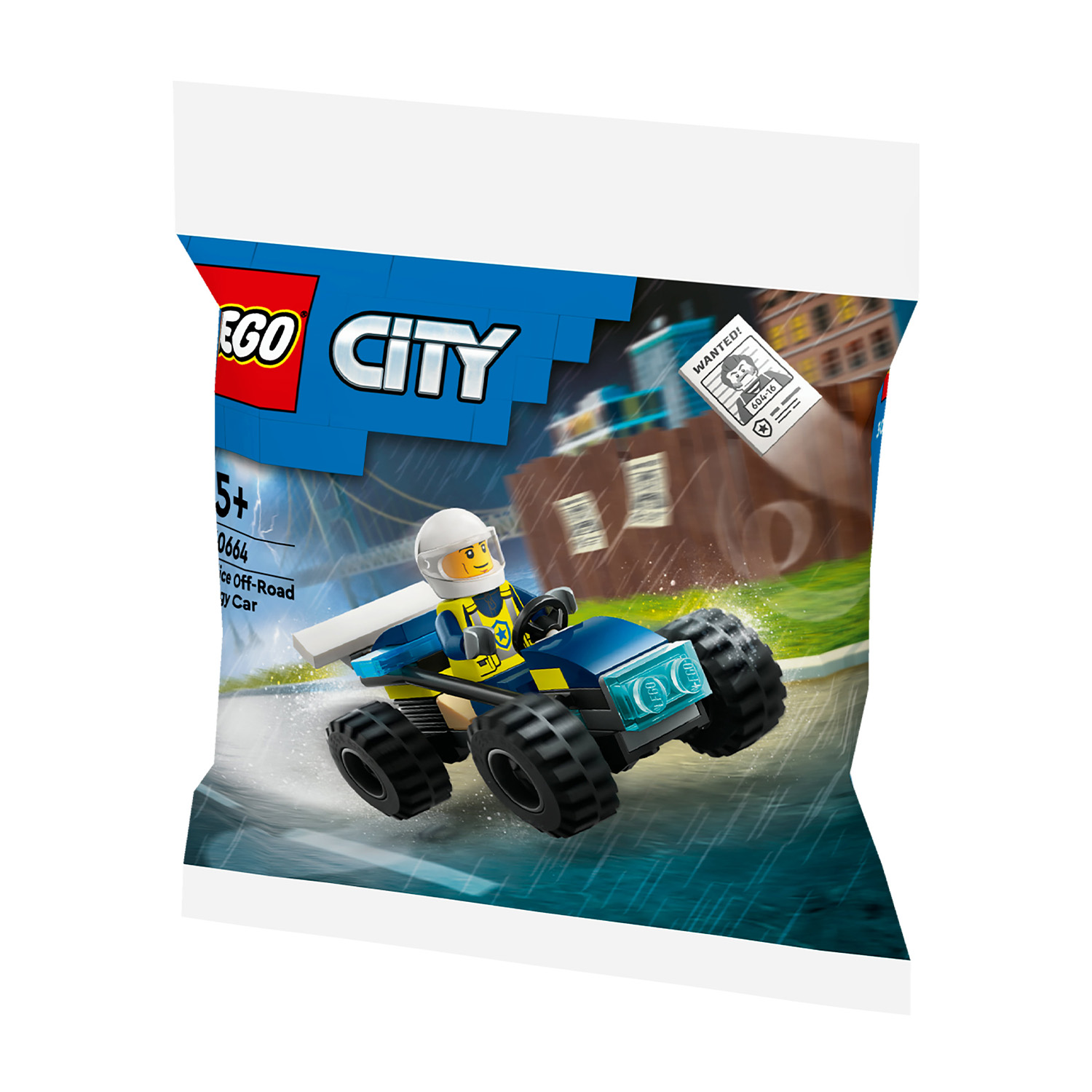 Un set Lego City in una busta, che mostra un'auto della polizia e un manifesto di ricerca. Sta piovendo.