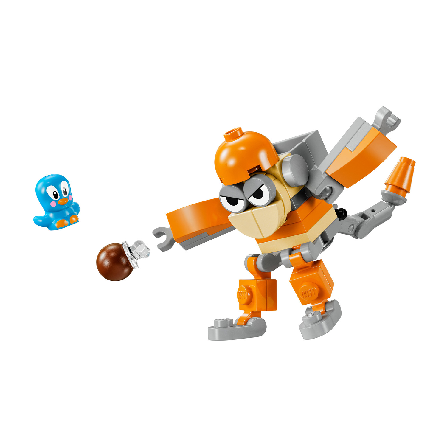 Personaggi Lego, uno che lancia una palla marrone, un altro un polpo blu.