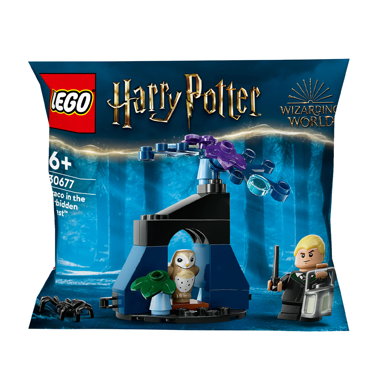 Un set LEGO Harry Potter con una figura, una struttura e una busta con testo.