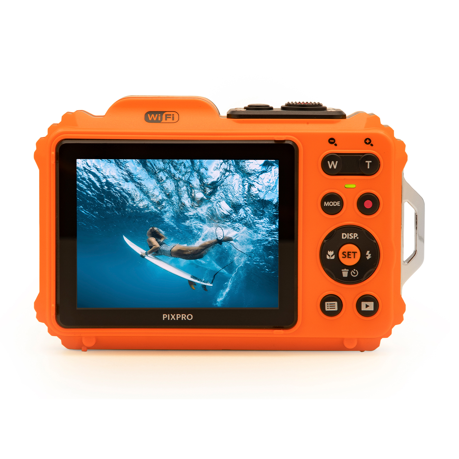 Orange wasserdichte Kamera, Unterwasserfoto wird auf dem Bildschirm angezeigt.
