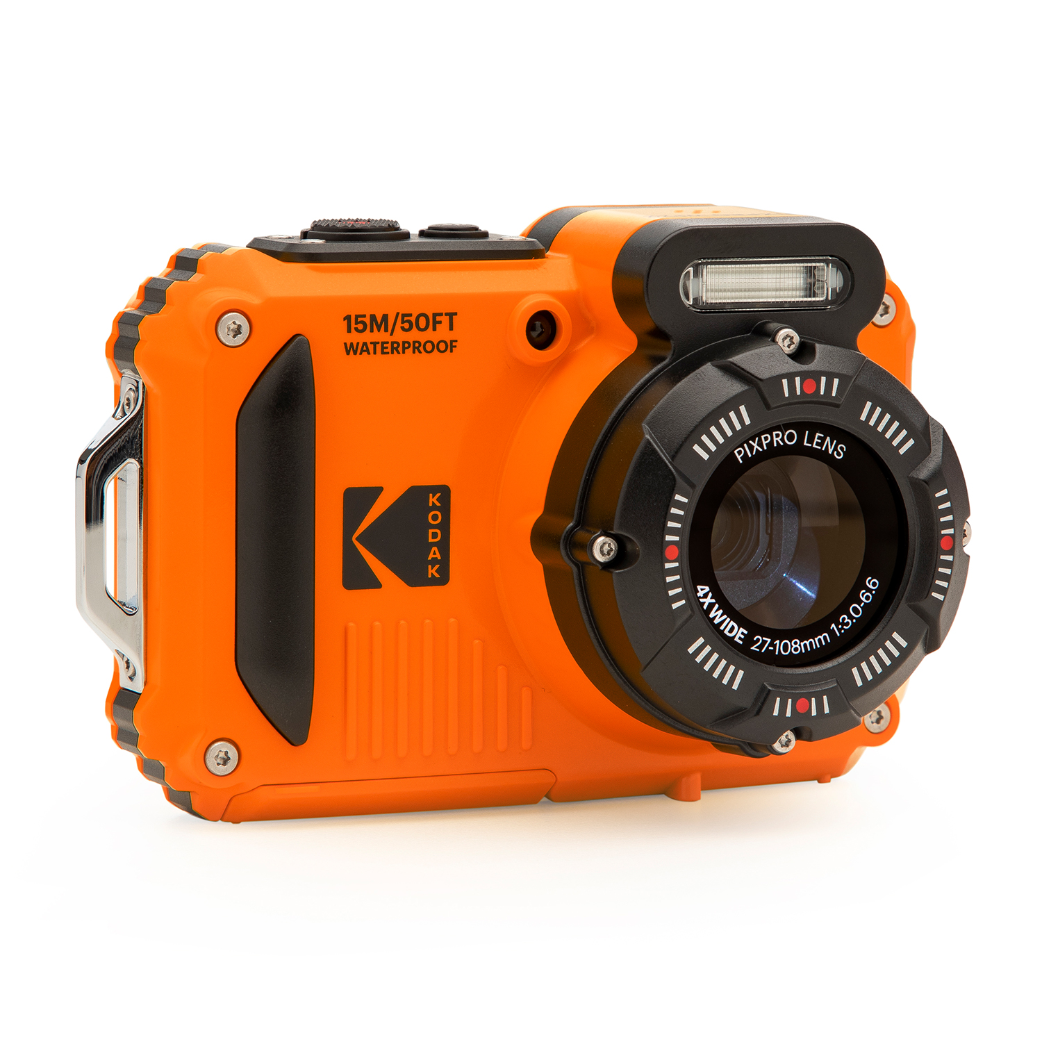 Orange Kodak wasserdichte Kamera, mit schwarzen Akzenten und beschriftet 15M/50FT wasserdicht.
