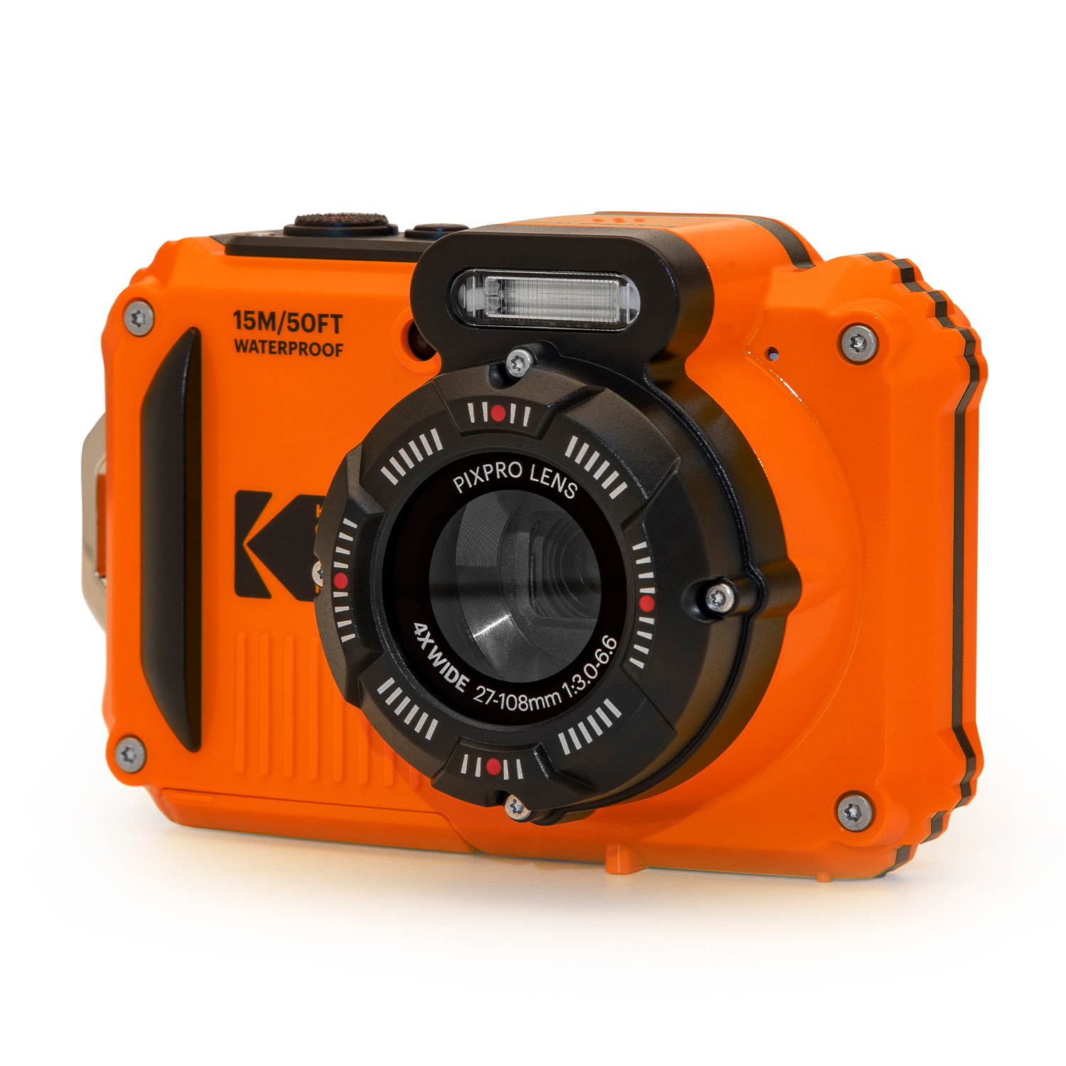 Orange wasserdichte Kamera. Sie hat ein schwarzes Objektiv und einen Text mit der Aufschrift 15M/50FT Waterproof.