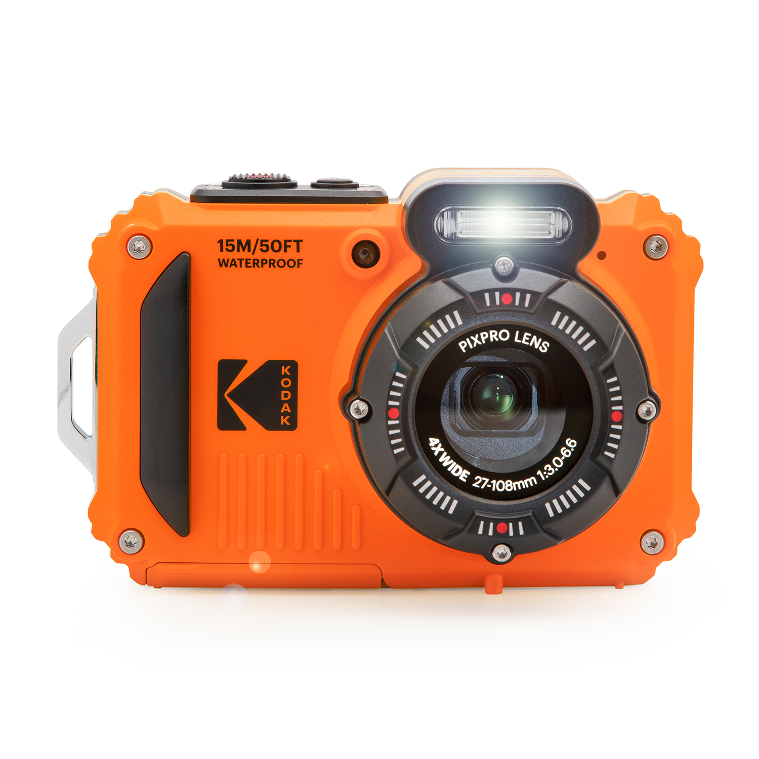 Orange wasserdichte Kamera mit prominentem Objektiv, Knöpfen und Text, auf Weiß.