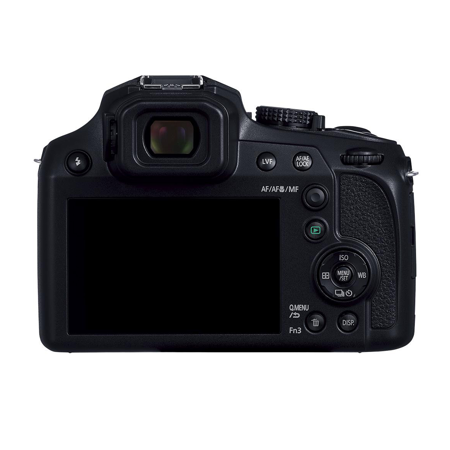 Vista posteriore di una fotocamera nera con un ampio schermo LCD e vari pulsanti e quadranti.