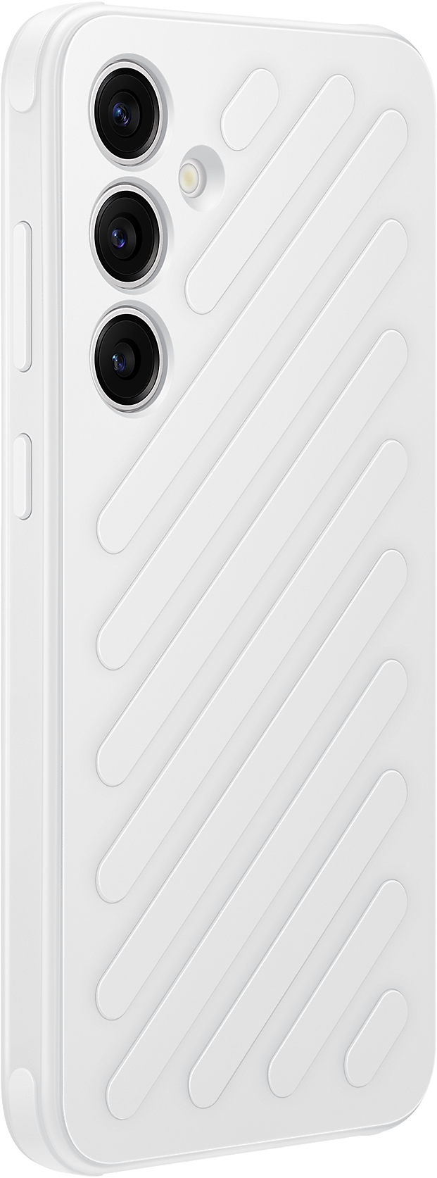 Una custodia bianca per telefono con linee diagonali sul retro e lenti della fotocamera in alto.
