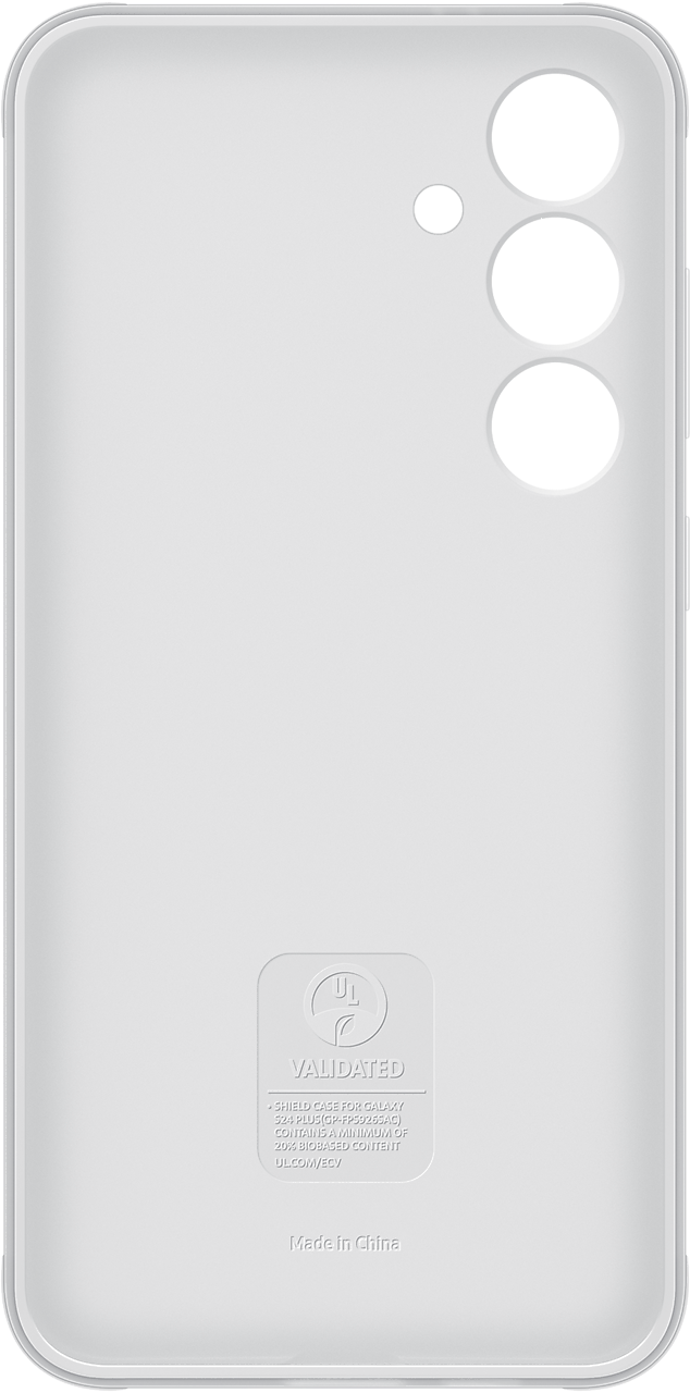 Una custodia bianca per telefono con ritaglio per fotocamera e logo.