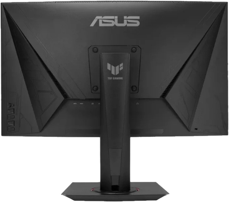 Achteraanzicht van een zwarte computermonitor met de ASUS- en TUF-logo's.