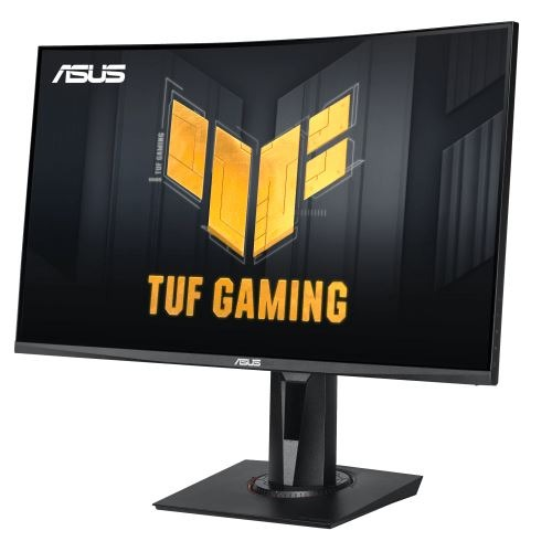 Gebogen monitor met ASUS- en TUF GAMING-logo's op een standaard.