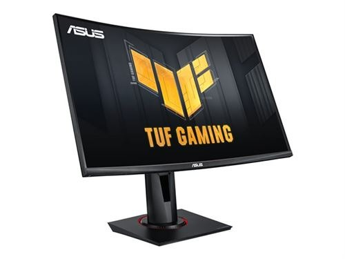 Gebogen ASUS TUF Gaming monitor op standaard, zwart met geel logo, op een witte achtergrond.