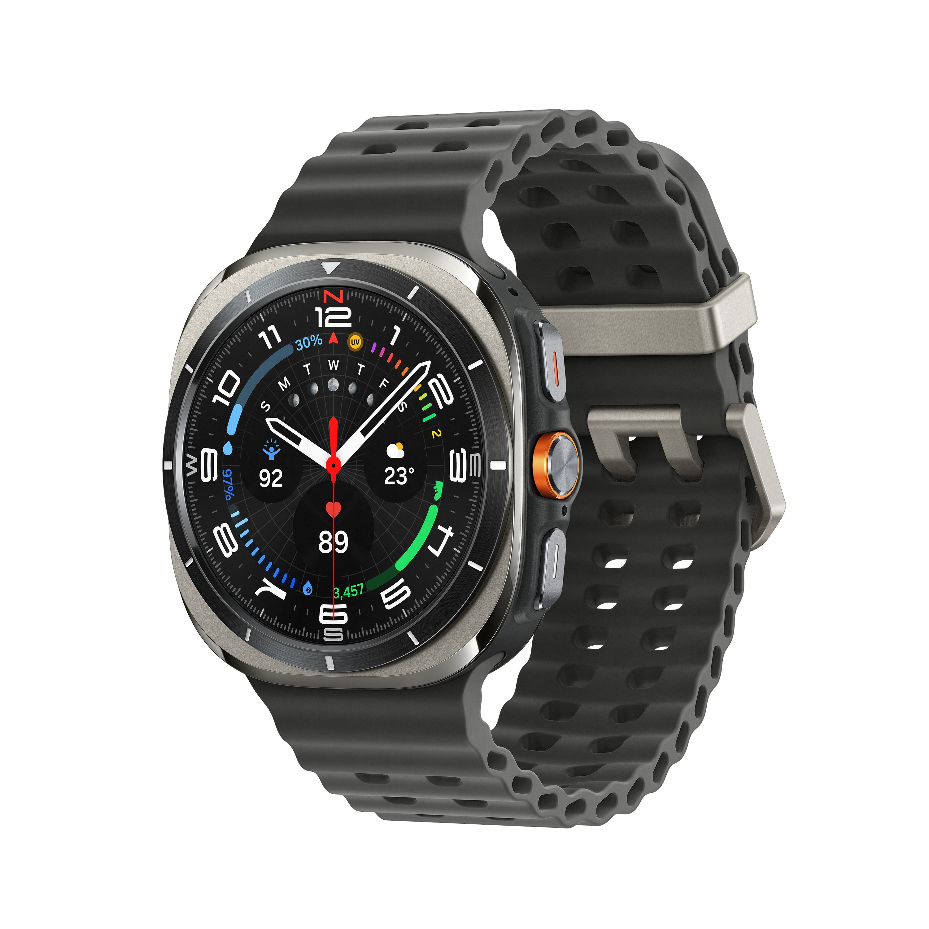 Smartwatch z czarnym paskiem, srebrną ramką i cyfrowym wyświetlaczem.
