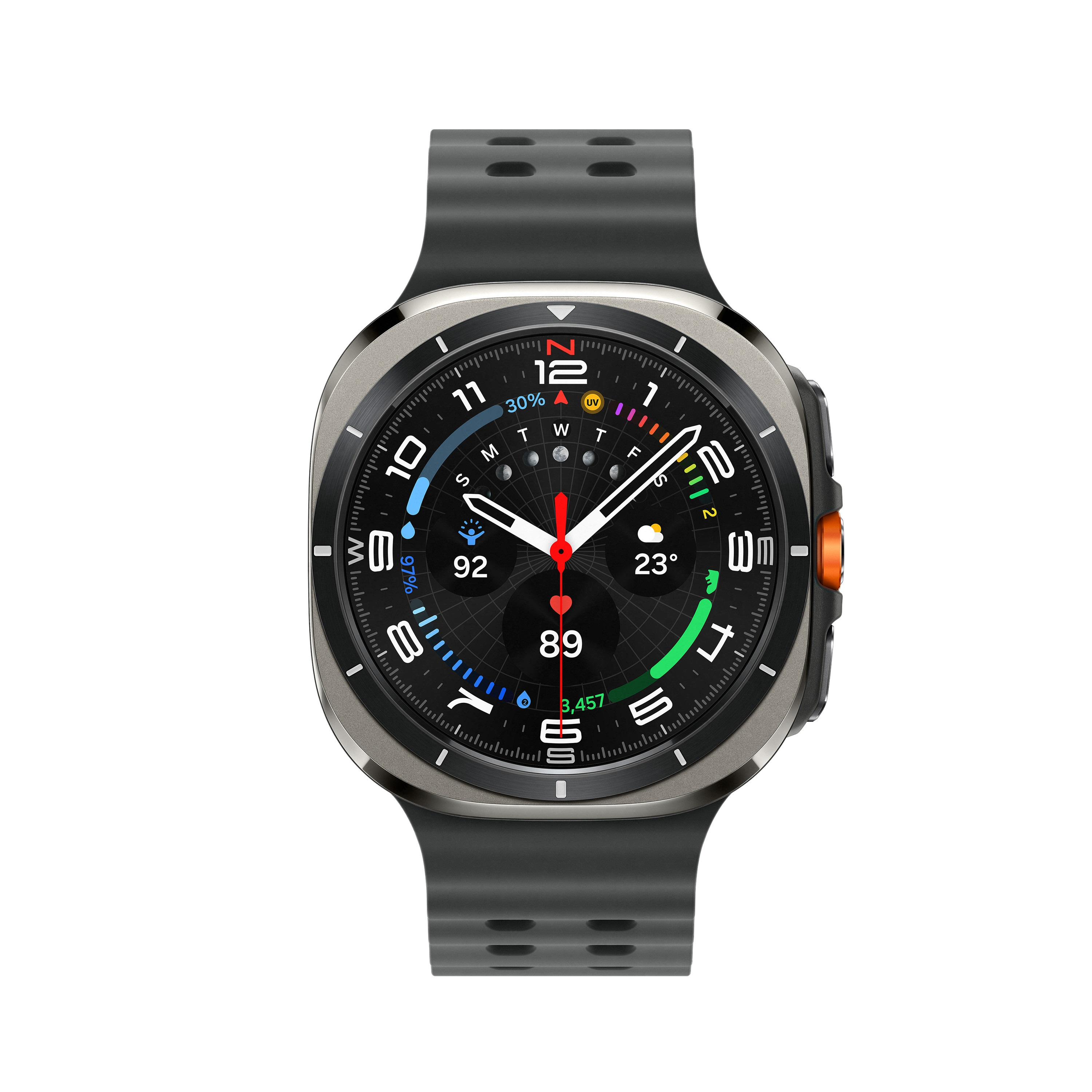 Smartwatch z czarnym paskiem i srebrną obwódką z cyfrowym wyświetlaczem.