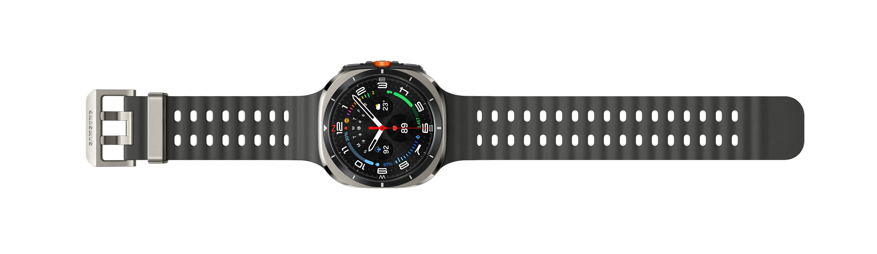Smartwatch z czarnym paskiem, umieszczony poziomo na białym tle.