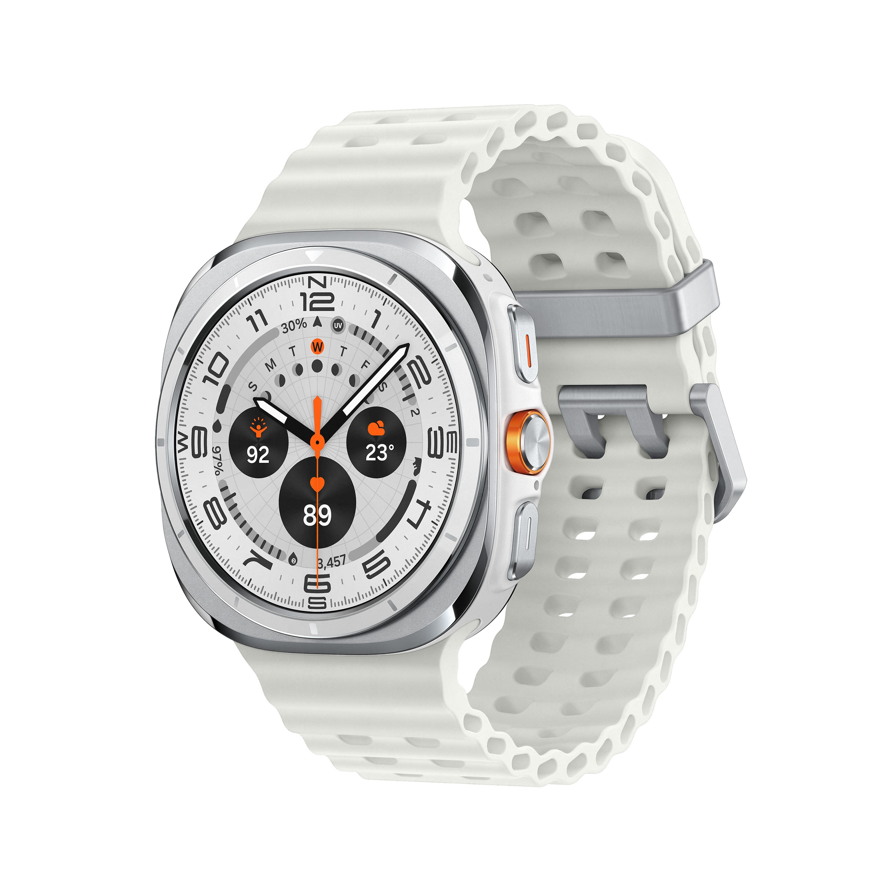 Smartwatch z białym paskiem, cyfrowym wyświetlaczem i srebrną ramką.