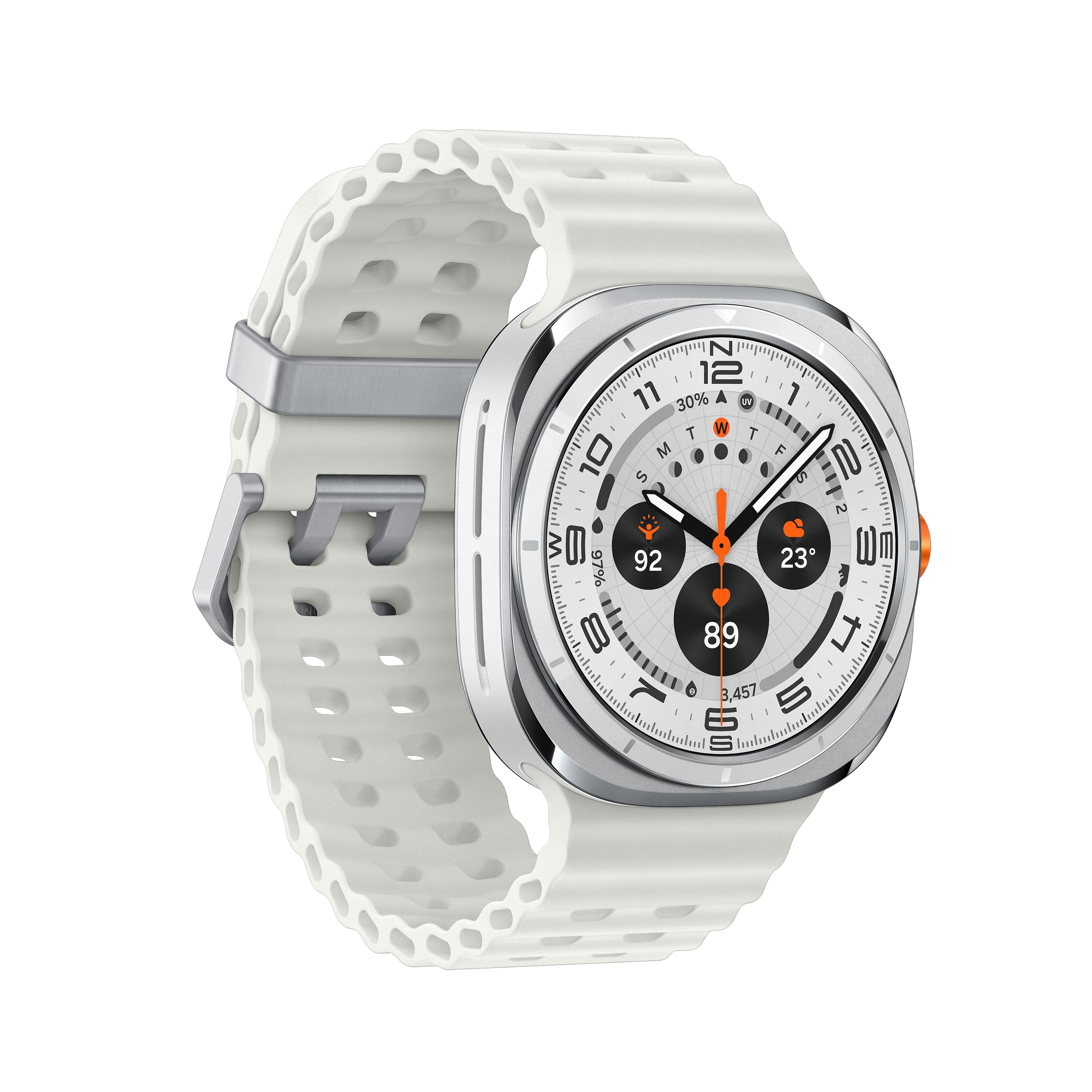 Biały smartwatch z metalową ramką, biały pasek z otworami i wyświetlacz z cyframi.