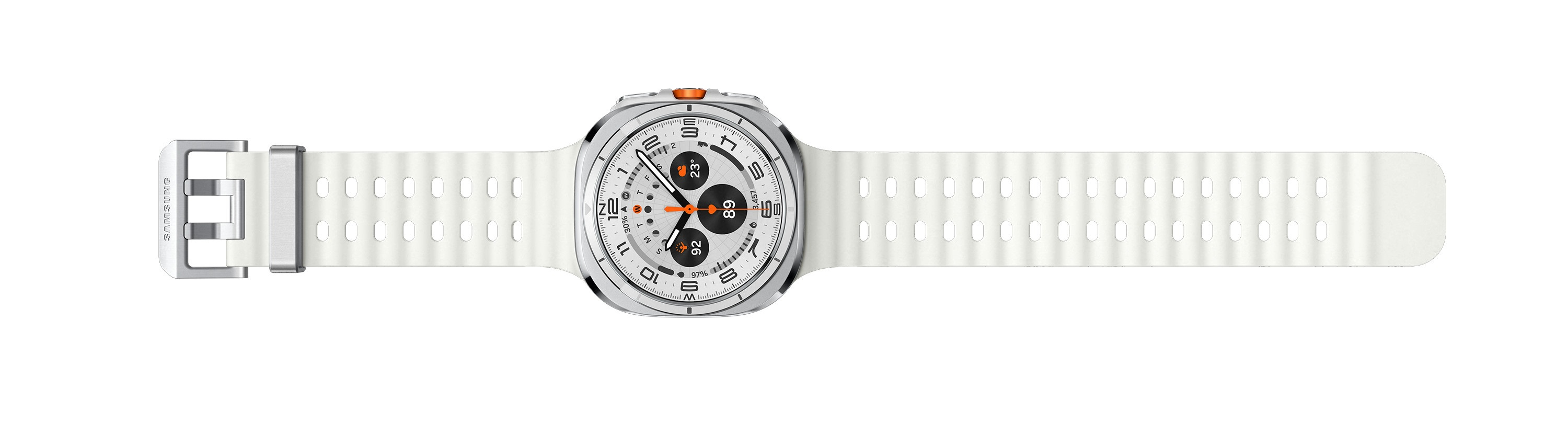 Biały smartwatch z białym paskiem, białe tło.