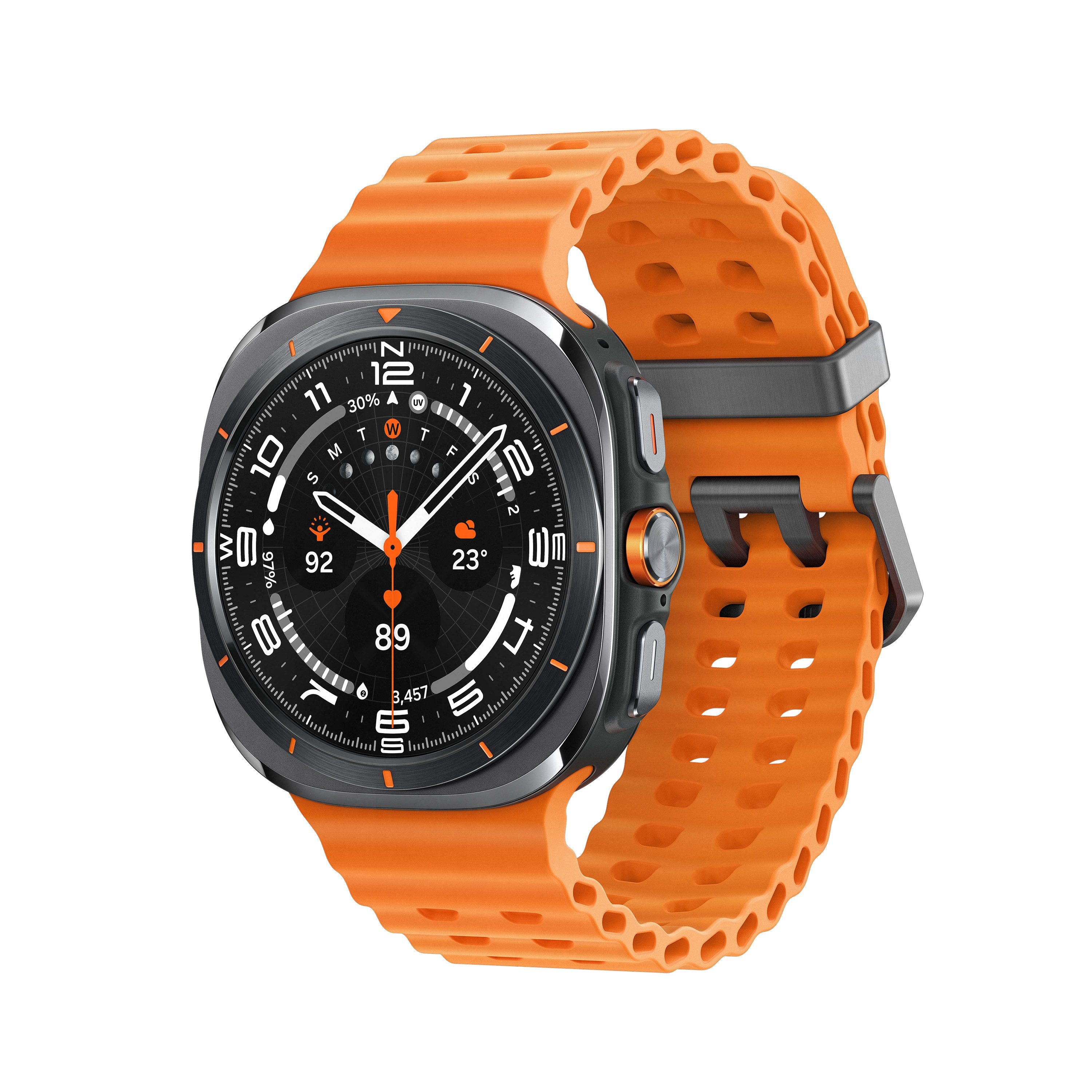 Smartwatch z pomarańczowym paskiem i czarną ramką, białe tło.