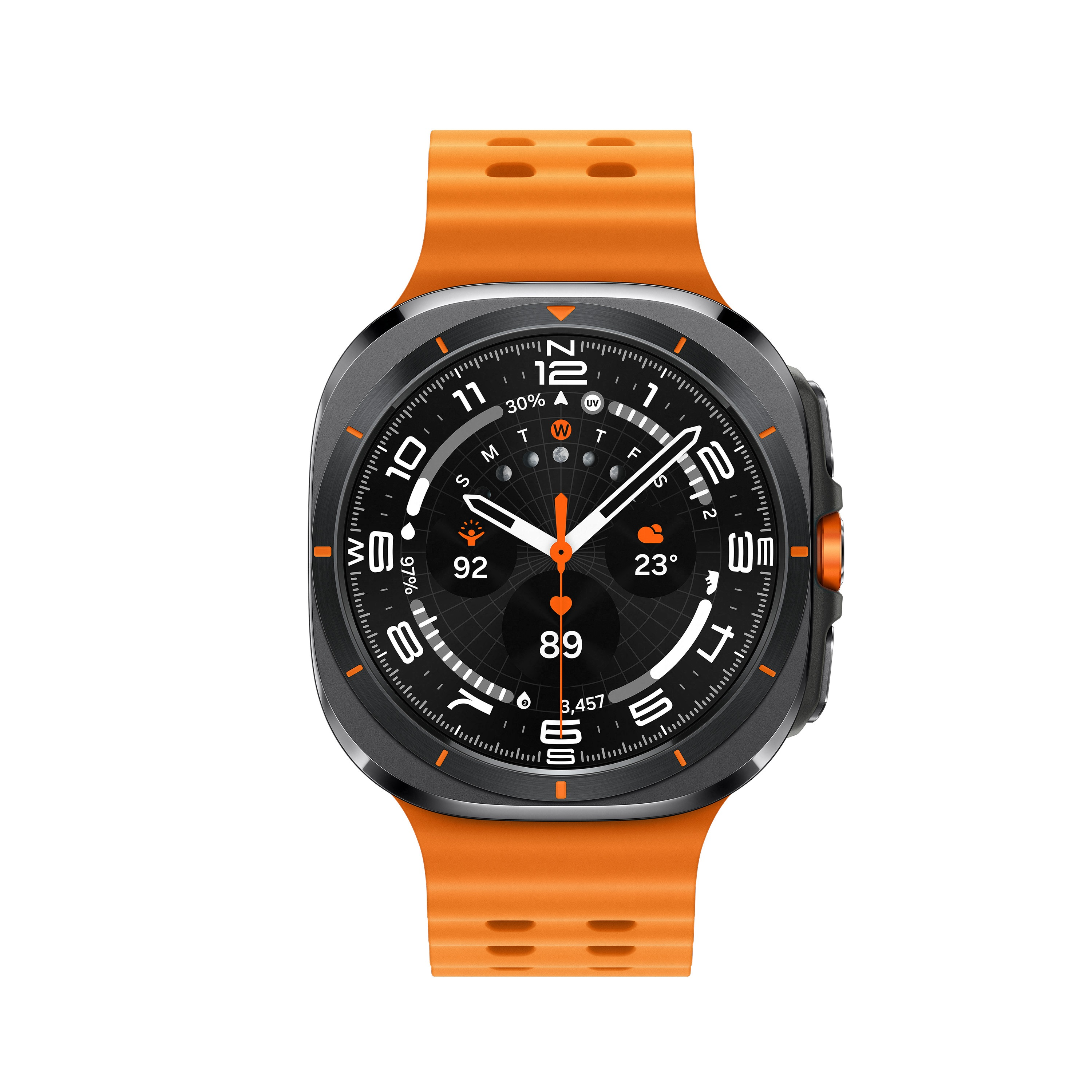 Smartwatch z pomarańczowym paskiem. Czarna tarcza z cyframi i wskaźnikami.