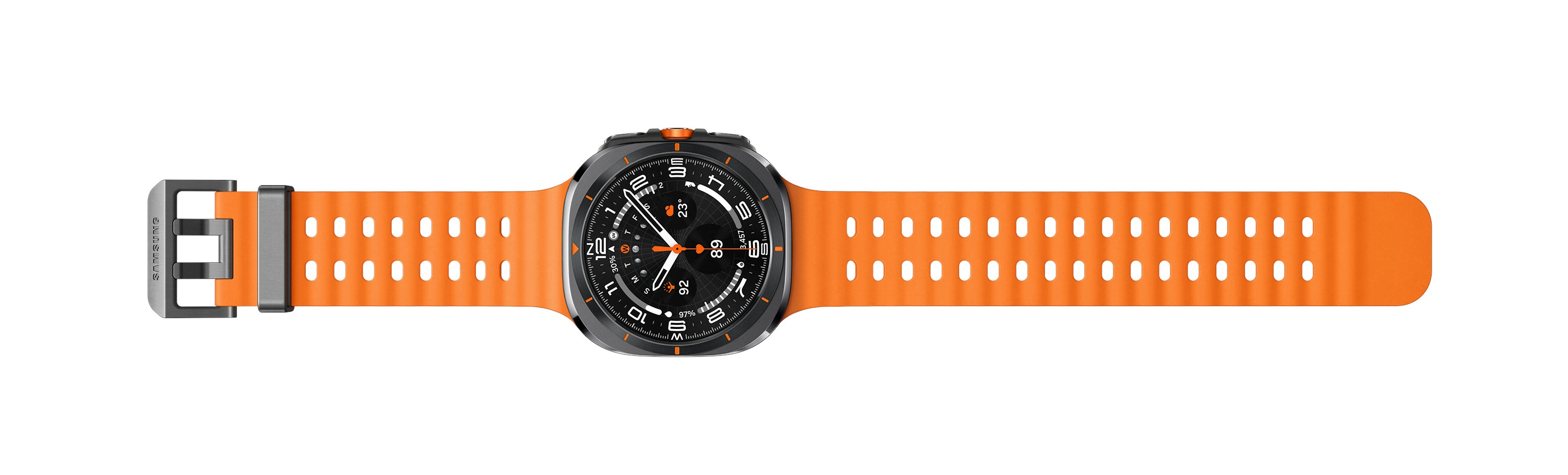 Pomarańczowy i czarny smartwatch z pomarańczowym paskiem, na białym tle.