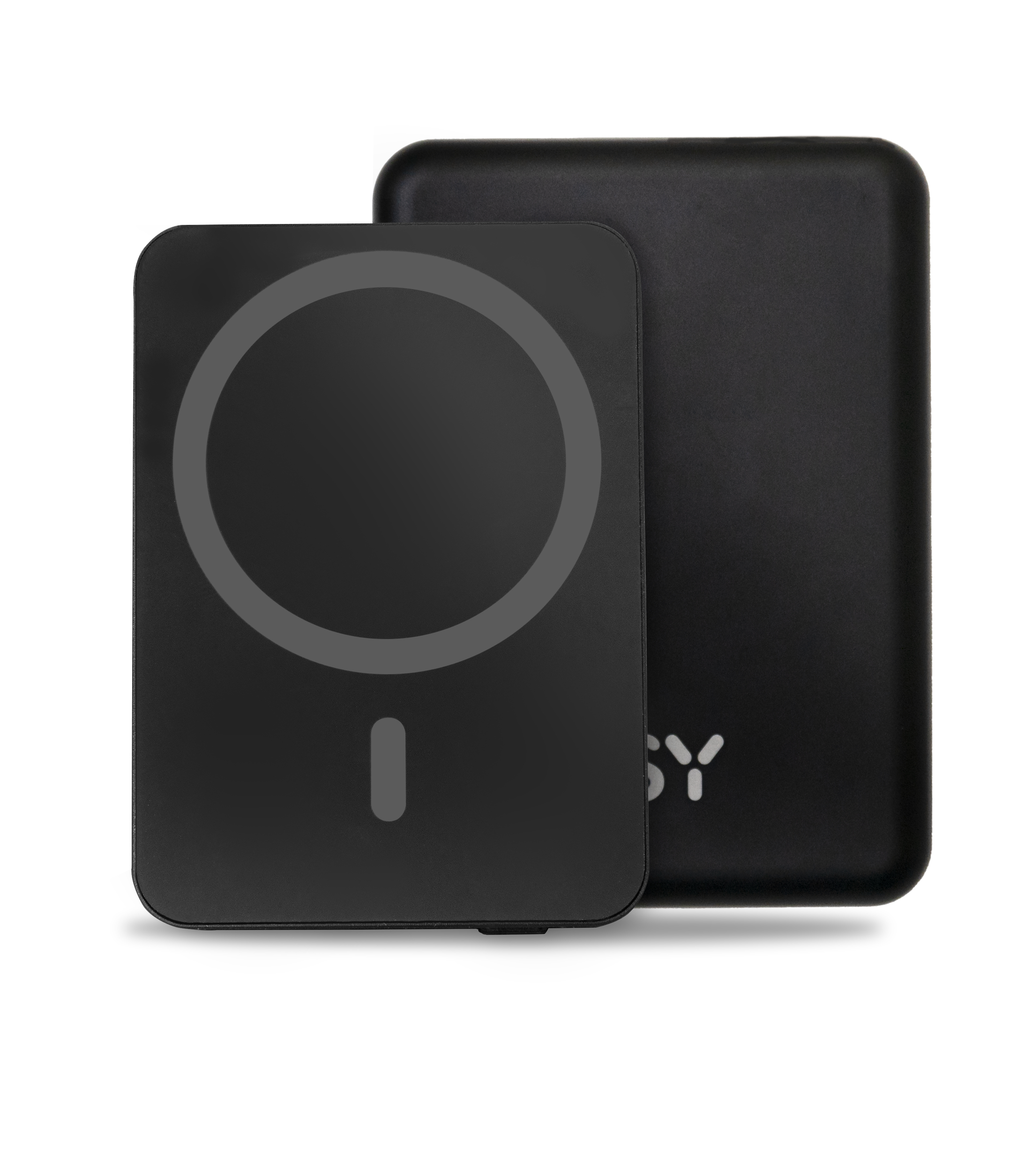 Schwarze Powerbank mit Magnetkreis vorne. Eine weitere schwarze Powerbank dahinter.