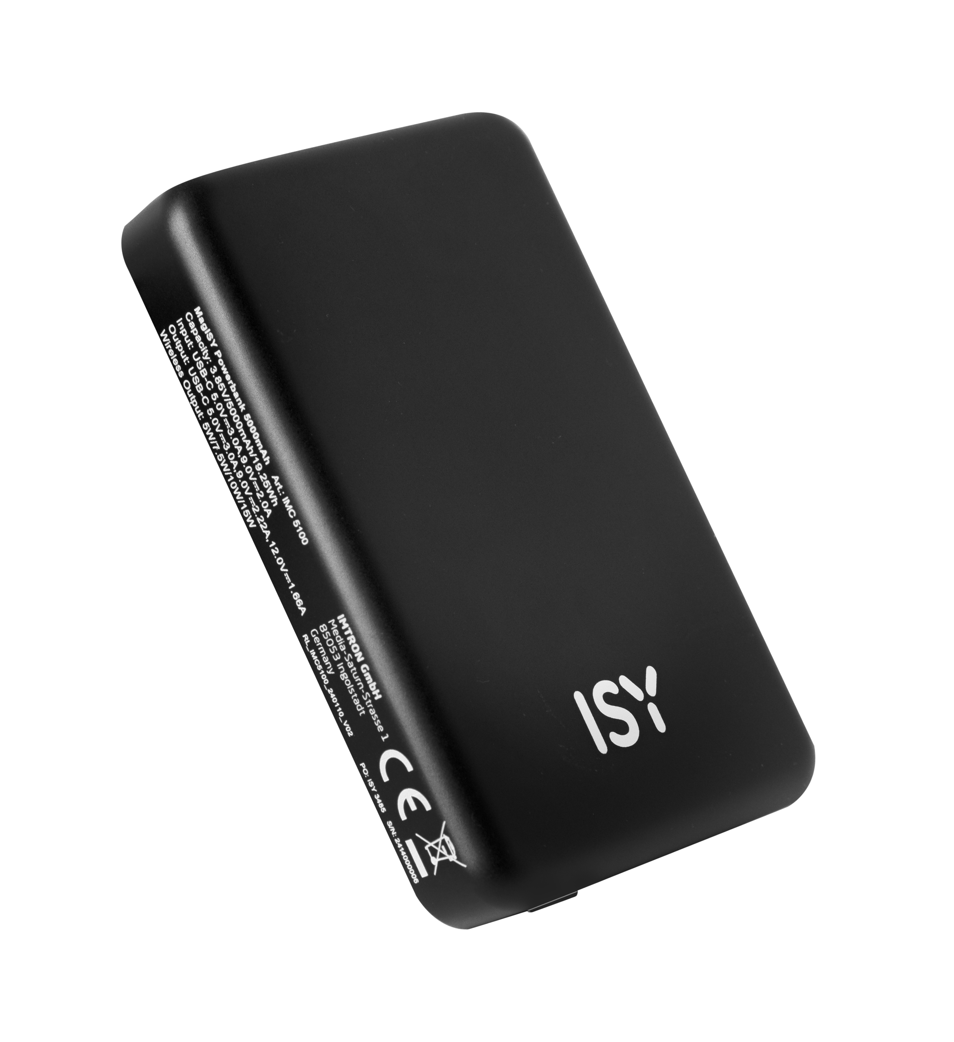 Schwarze Powerbank mit weißem Text auf weißem Hintergrund. Sie ist rechteckig.