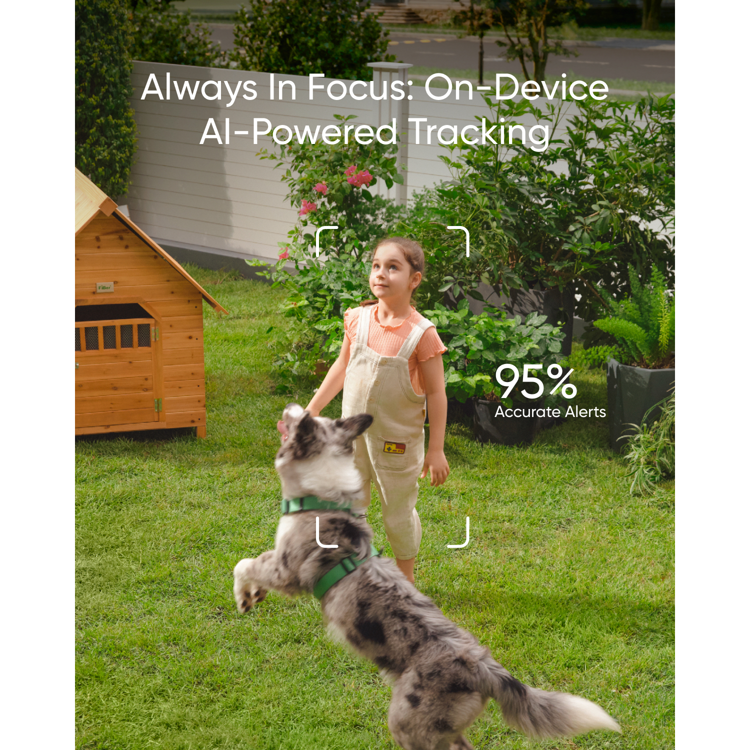 Girl and dog in a yard, text says AI-powered tracking, 95% accurate alerts.