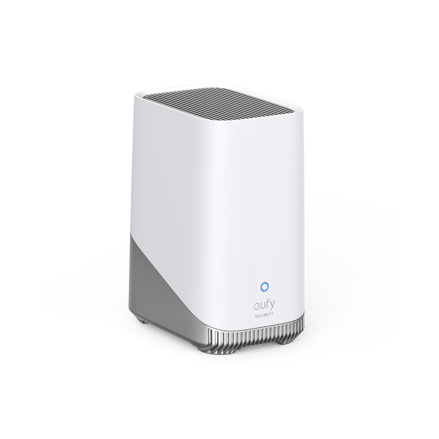 A white, cylindrical smart home device with a silver base. It is a eufy Security product.
