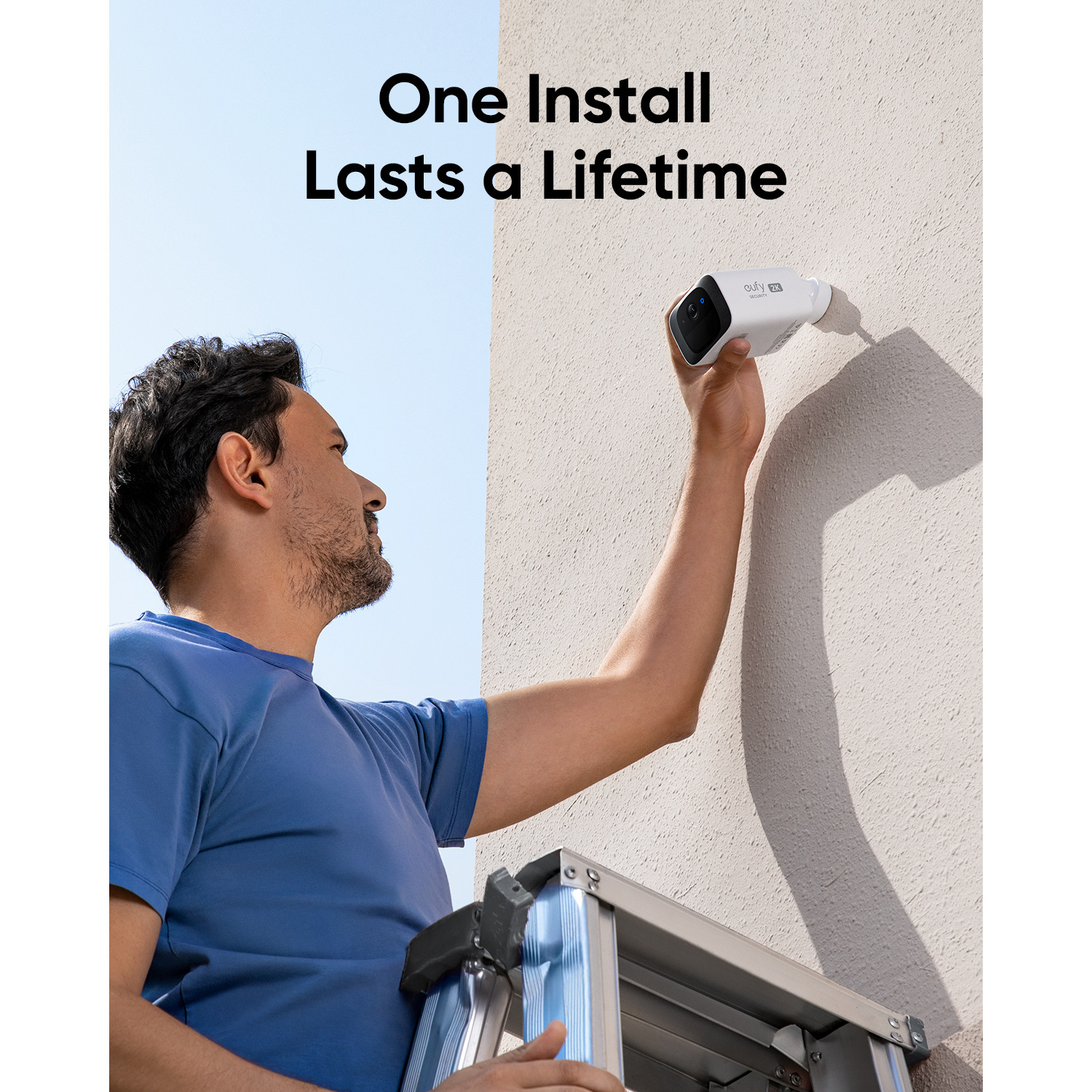 A man installing a white security camera on a wall, with text overlay.