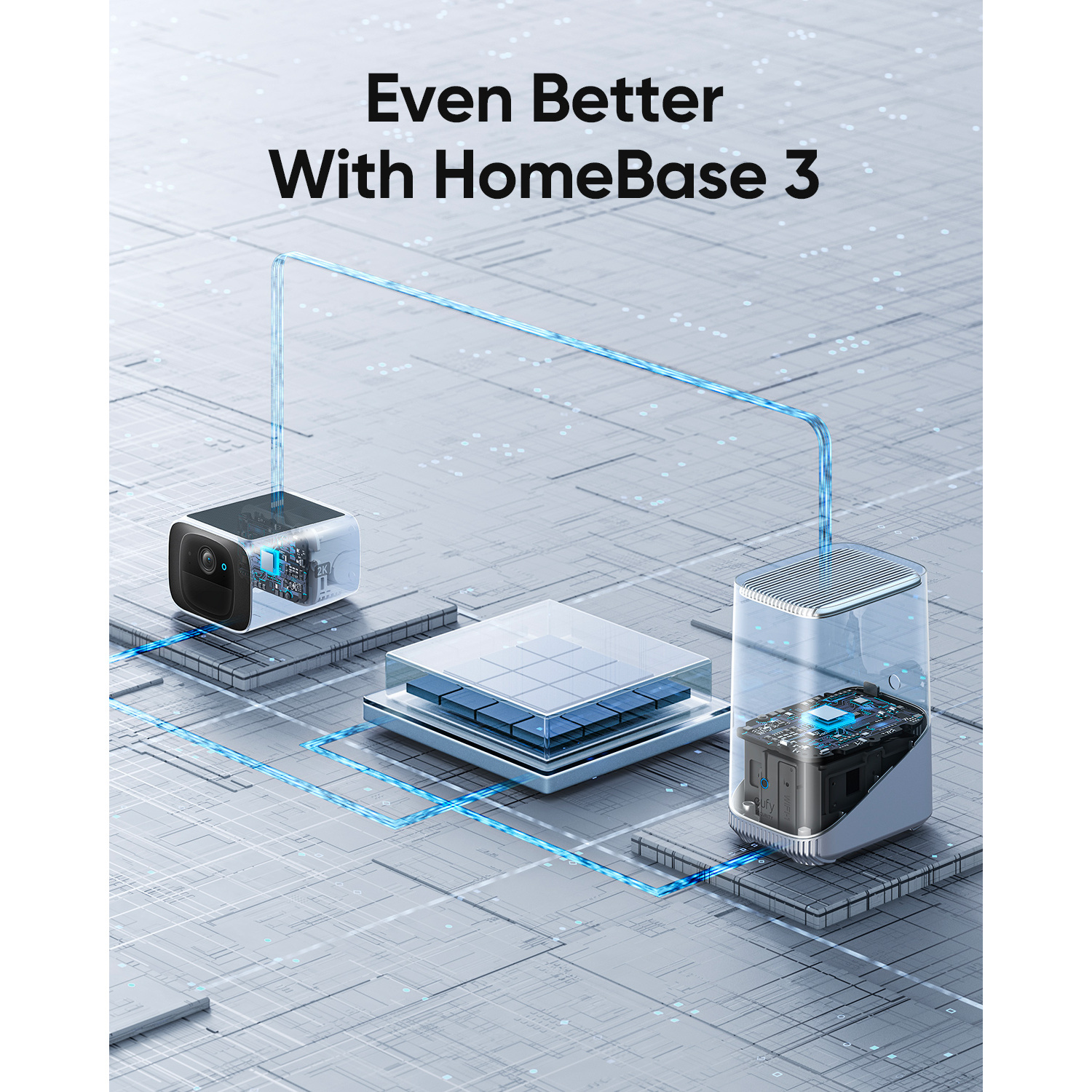 Diagram showing connected camera and smart hub, with blue connecting lines.