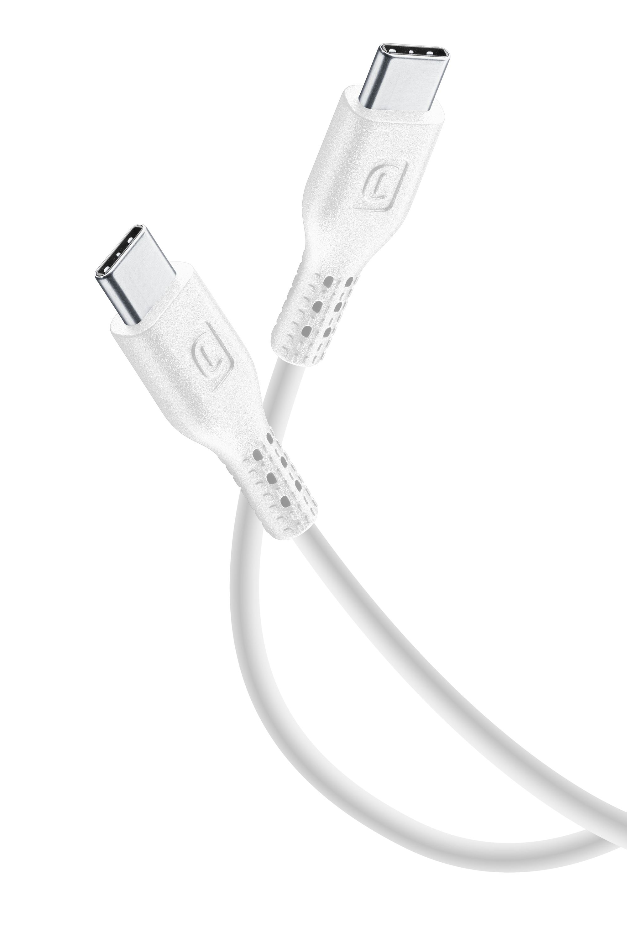 Beyaz bir arka plan üzerinde iki beyaz USB-C kablosu. Uçlar görünür.