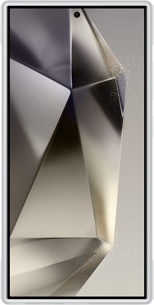 Un smartphone au design géométrique sur l'écran. Le téléphone a un cadre blanc et une caméra.