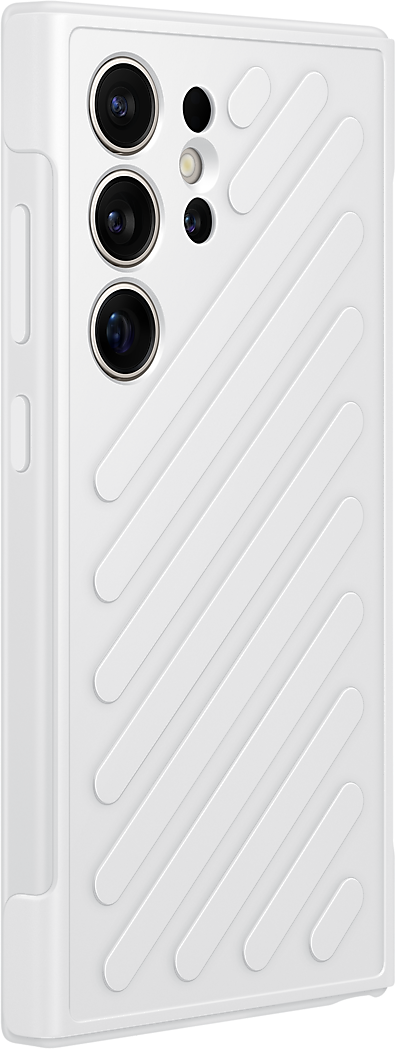 Coque de téléphone blanche avec un design texturé, avec trois découpes pour la caméra.