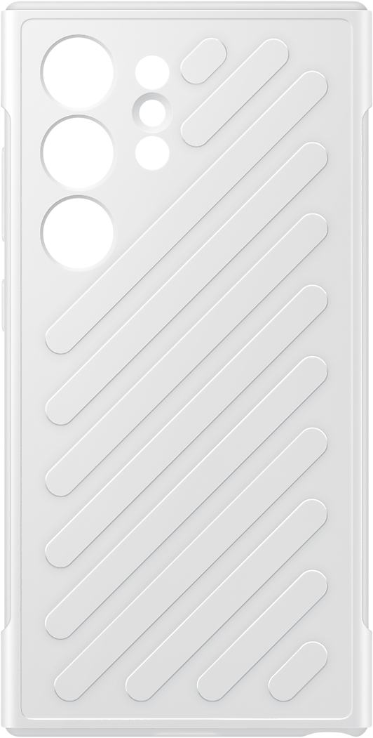 Coque de téléphone blanche avec découpes pour appareil photo et lignes diagonales.