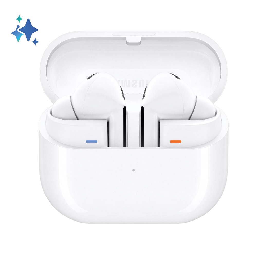 Białe bezprzewodowe słuchawki w białym etui ładującym. Etui jest otwarte.