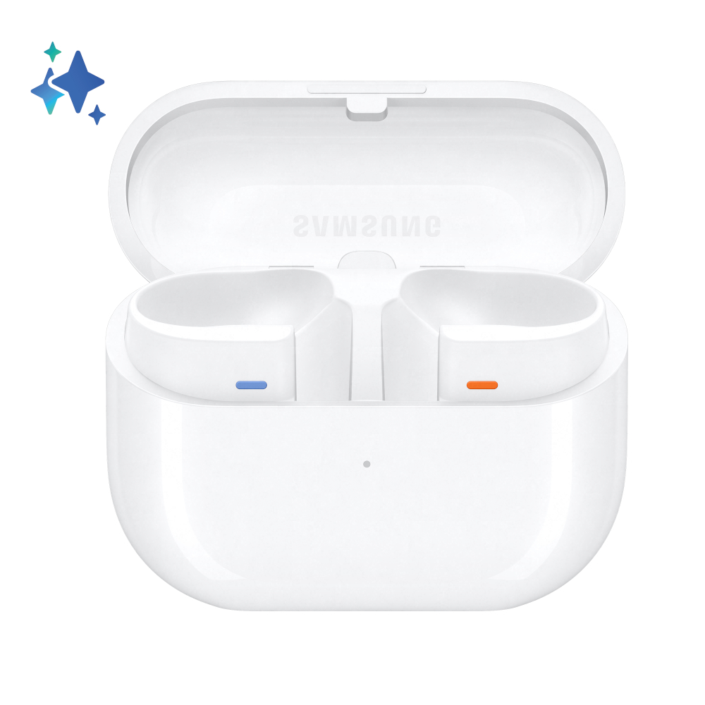 Białe słuchawki douszne w białym etui ładującym. Jedna słuchawka oznaczona na niebiesko, druga na pomarańczowo.