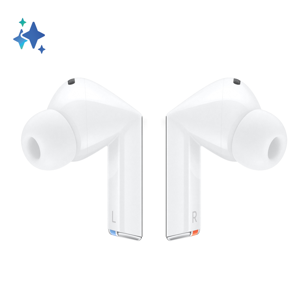 Białe słuchawki, lewa i prawa strona są oznaczone.