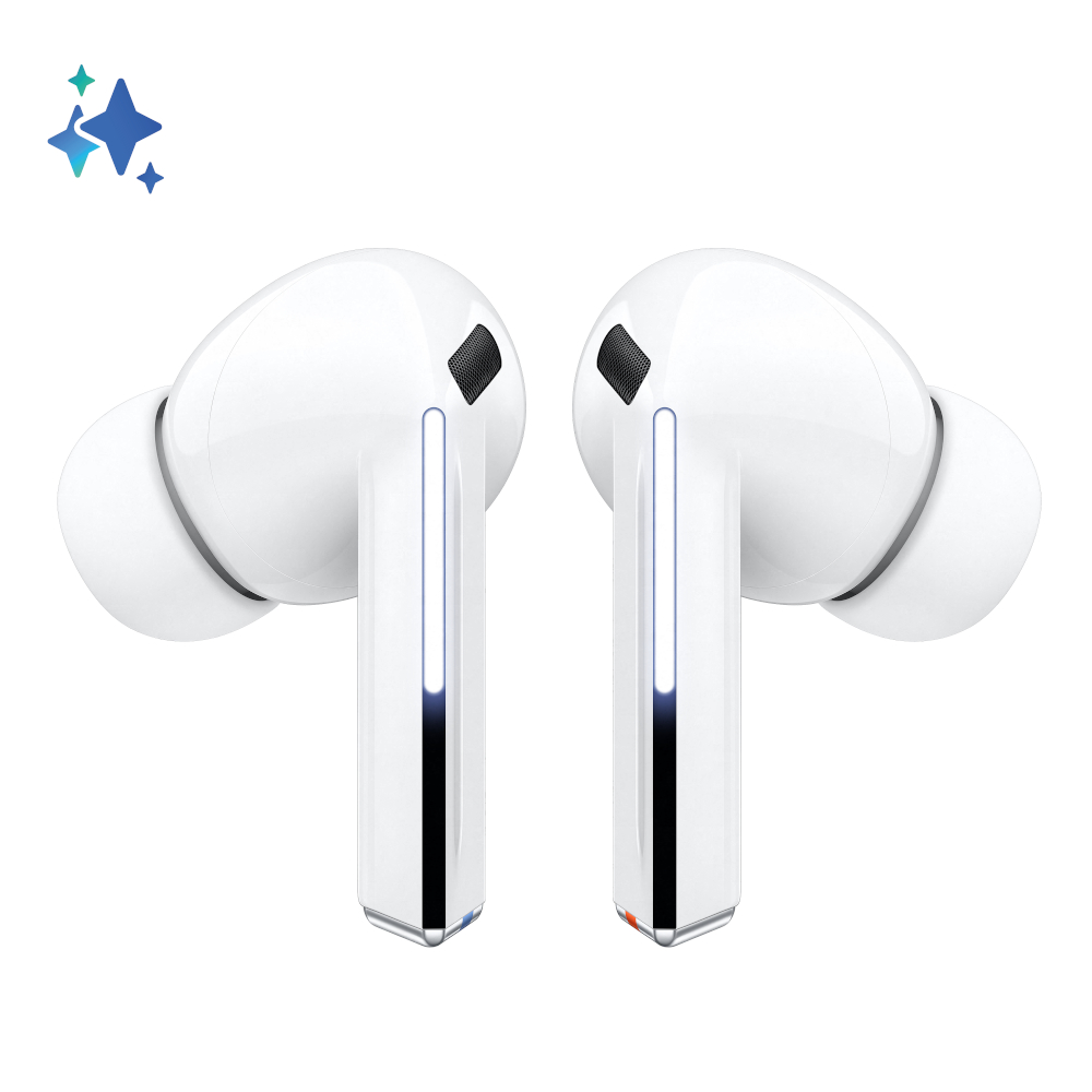 Dwa białe bezprzewodowe słuchawki z czarną siatką i srebrnym trzpieniem.