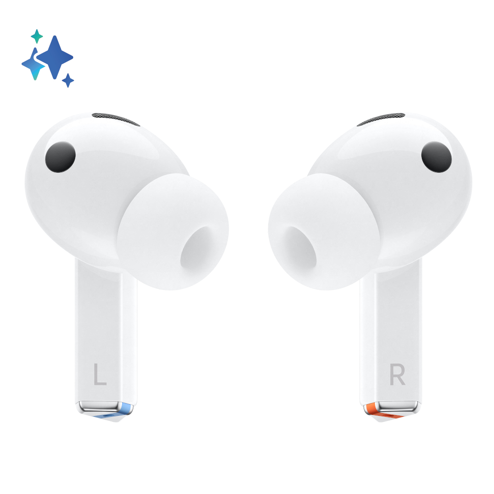 Białe bezprzewodowe słuchawki z literami 'L' i 'R' na szypułkach.