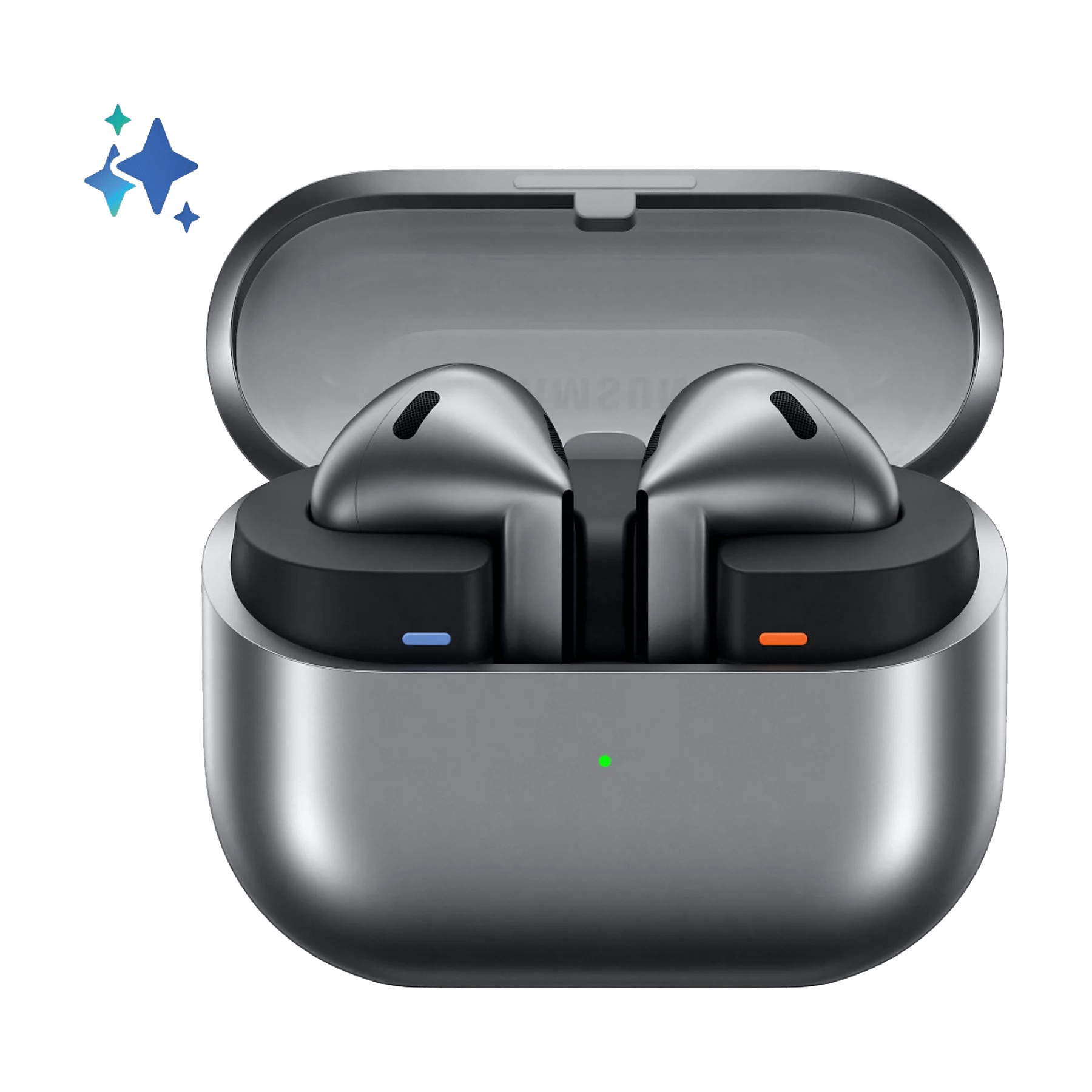 Otwarta metalowa obudowa słuchawek z wkładkami dousznymi w środku. Obudowa ma zielone światło. Niebieskie i pomarańczowe światła na obudowie.