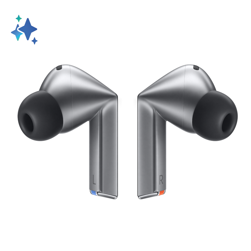 Dwa srebrne bezprzewodowe słuchawki z czarnymi końcówkami.