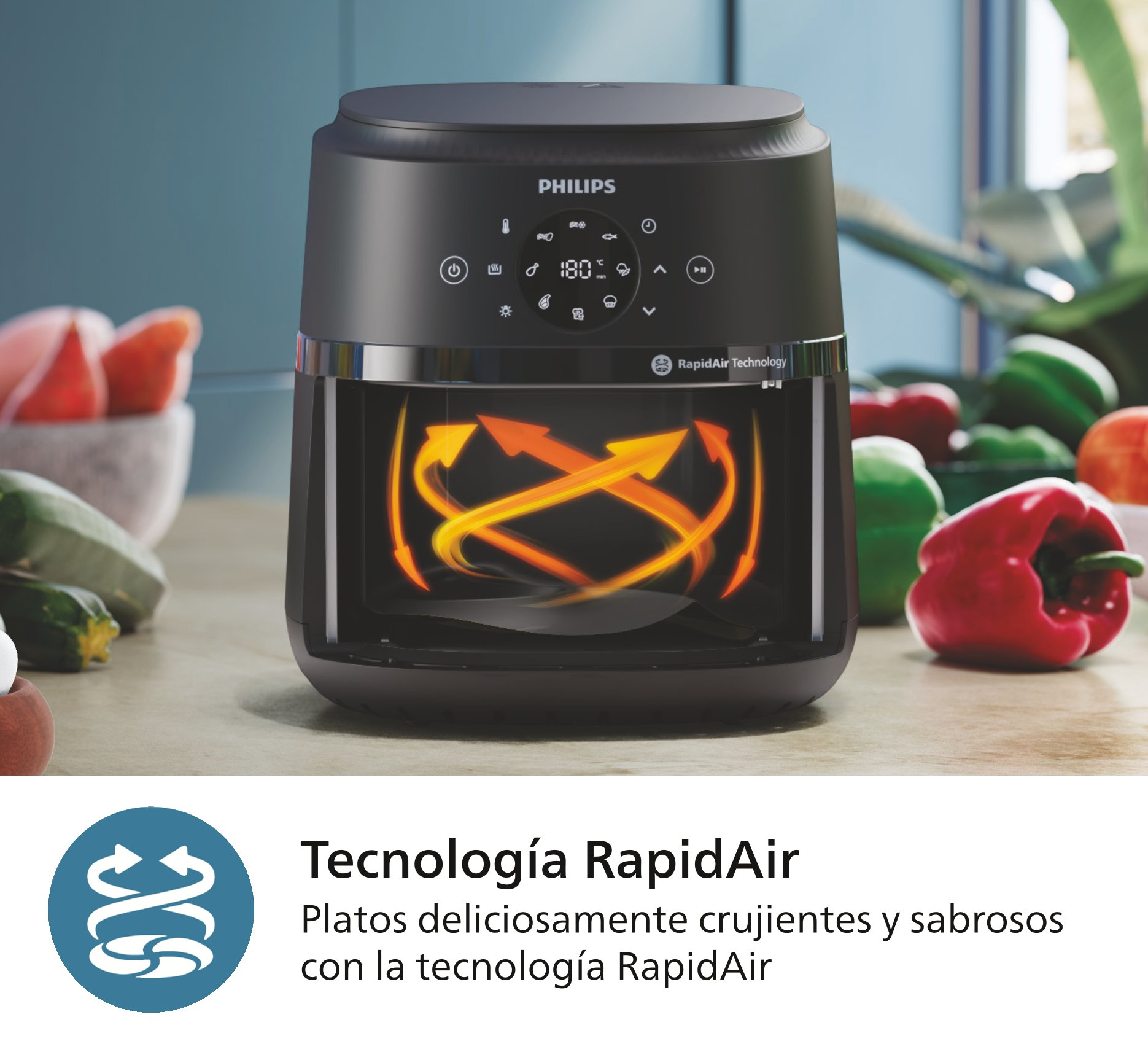Freidora de aire Philips negra con tecnología Rapid Air, con comida dentro.