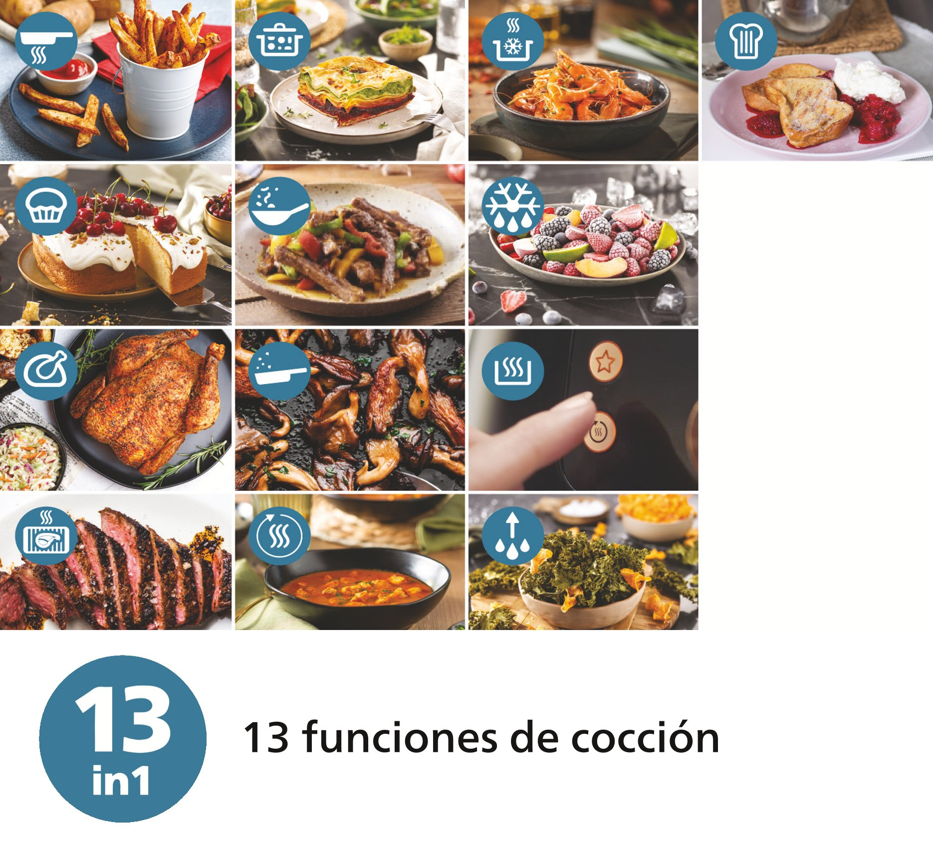 Surtido de platos cocinados, incluyendo patatas fritas, pasteles, carne y verduras. Se muestra un logotipo de electrodoméstico.