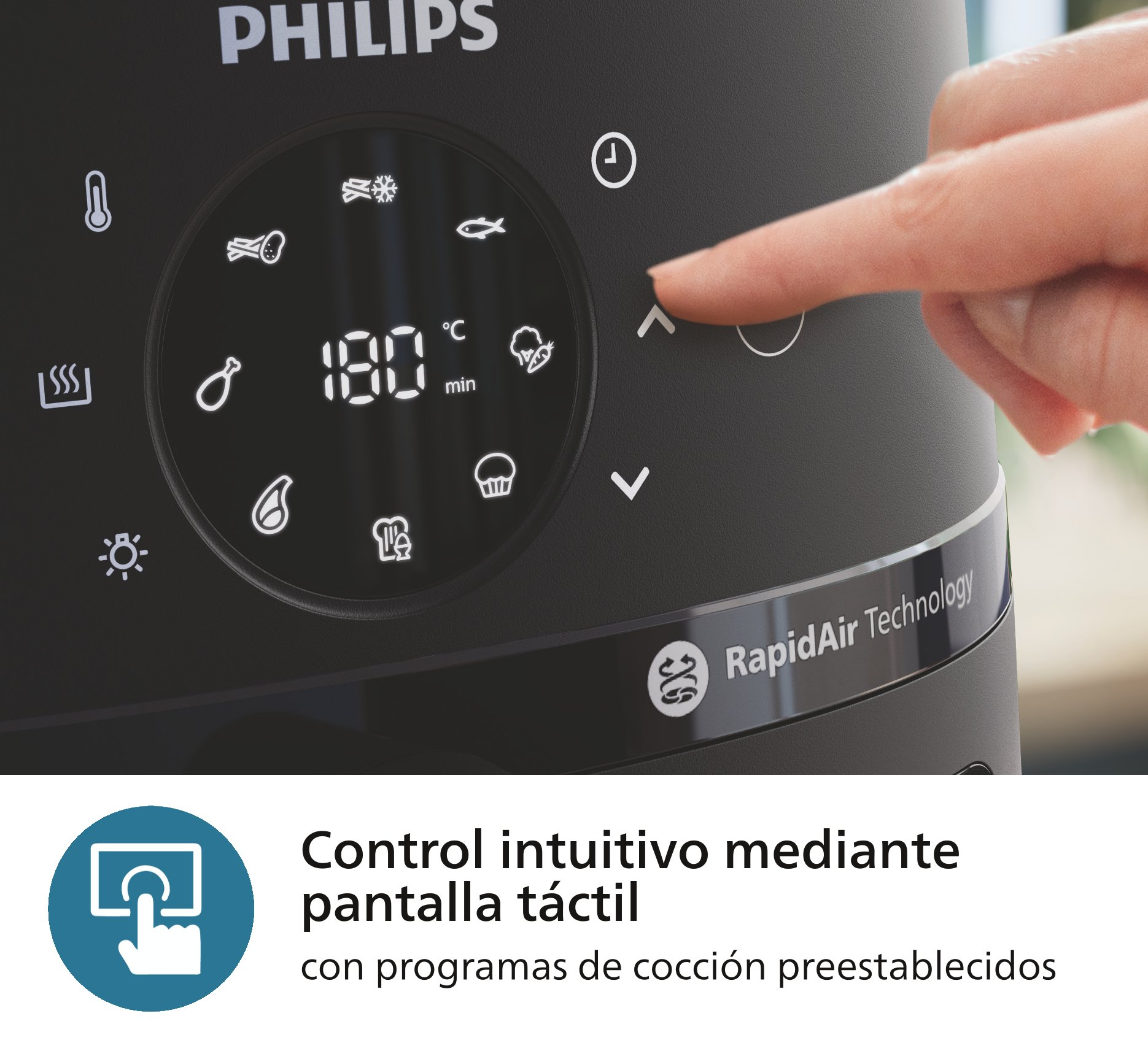 Primer plano del panel de control de una freidora de aire con pantalla táctil.