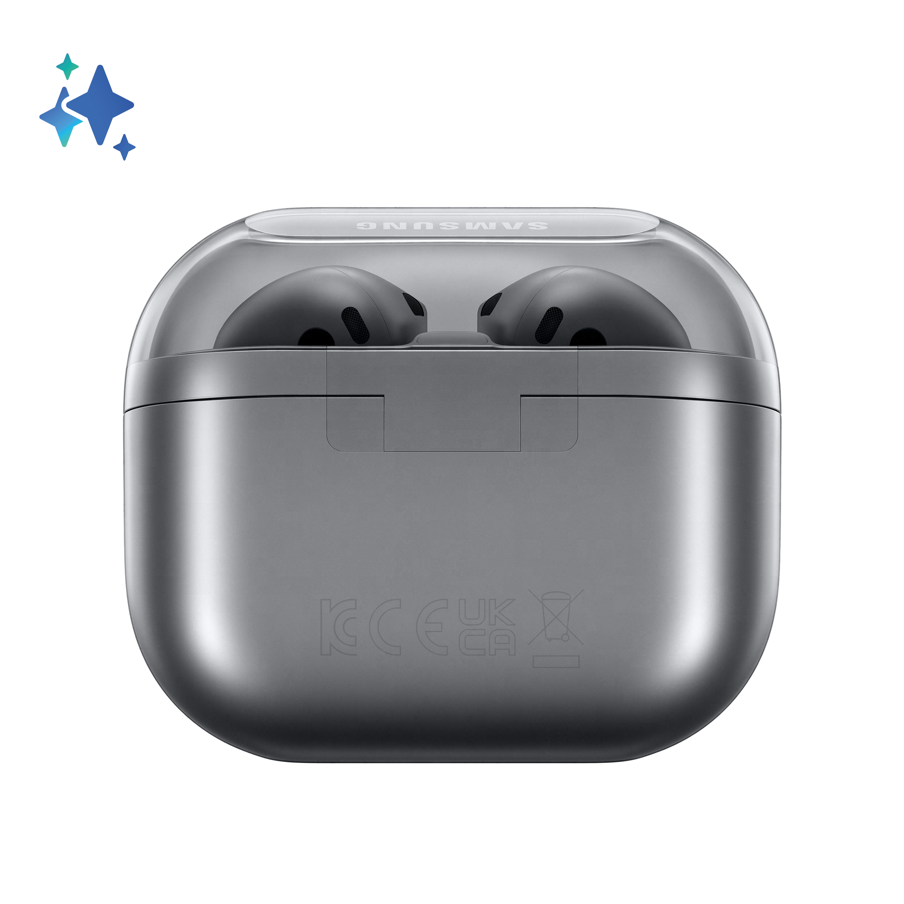 Szare etui ładujące ze słuchawkami w środku, widok z góry.