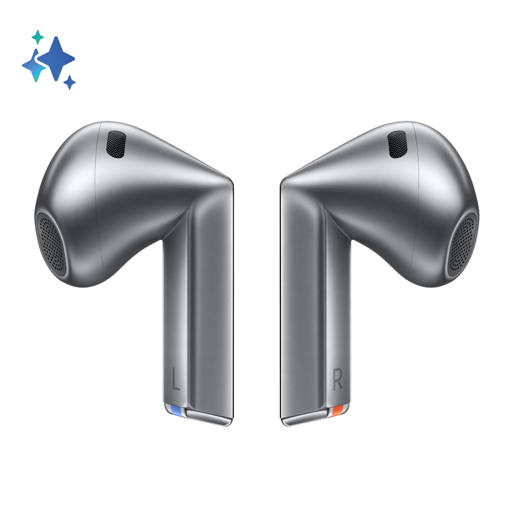 Dwa srebrne słuchawki z literami 'L' i 'R' na gradientowym tle.