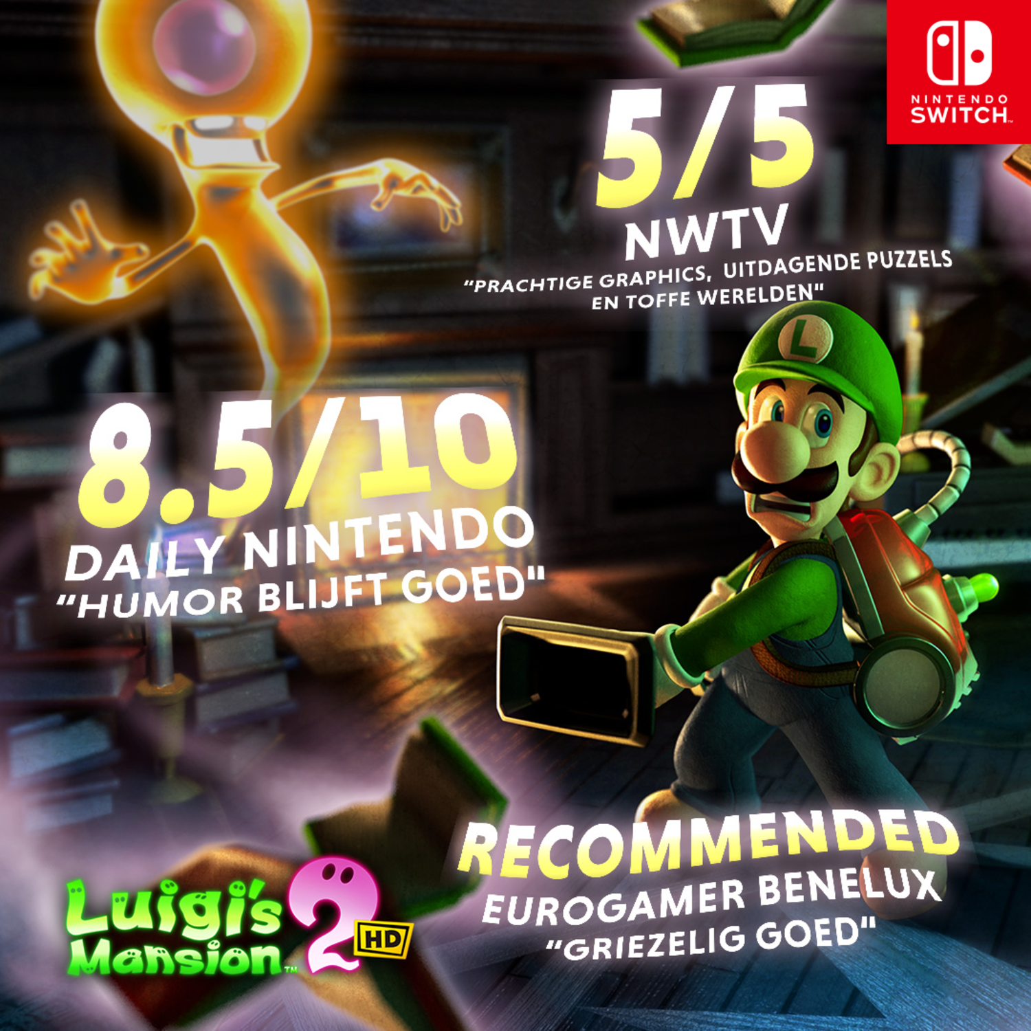 Luigi uit de game Luigi's Mansion 2. De scène bevat game beoordelingen en een geest. De titel van de game is zichtbaar.