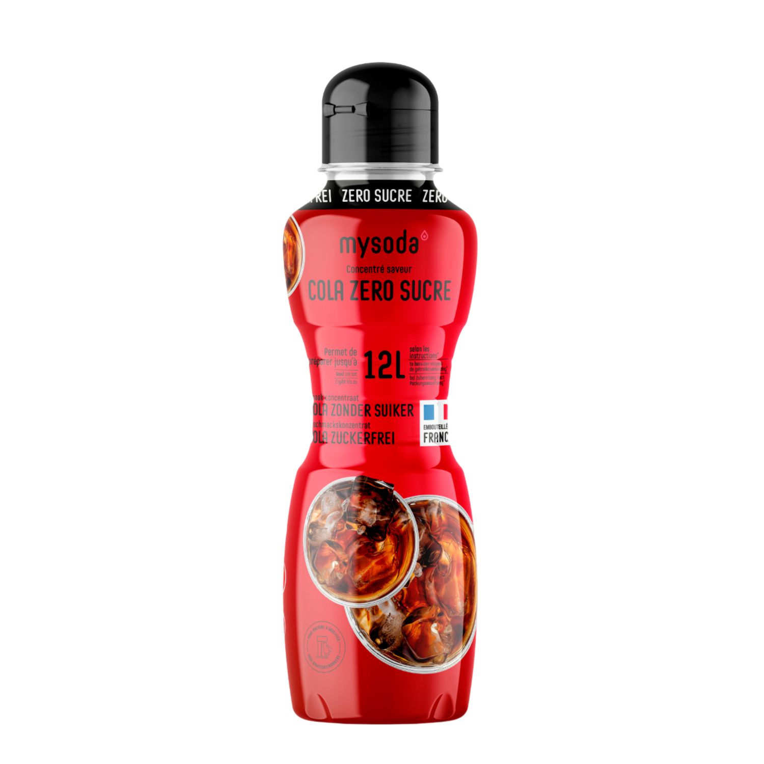 Een rode fles mysoda Cola Zero Sucre met een zwarte dop.