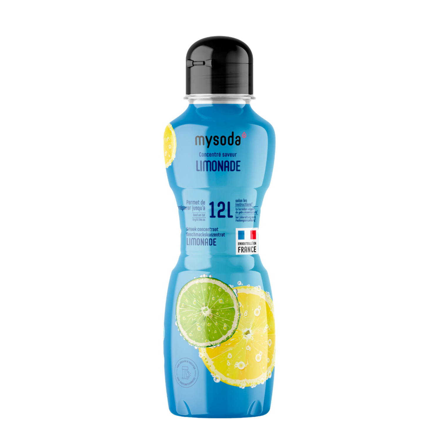 Blauwe plastic fles limonadeconcentraat. De fles heeft illustraties van limoen en citroen.