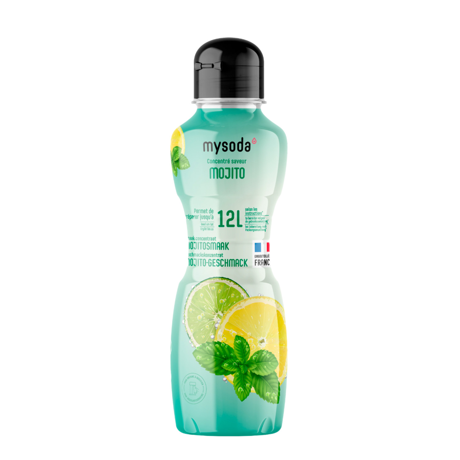 Een turquoise mysoda-fles met zwarte dop en mojito-label, met schijfjes citroen en limoen.