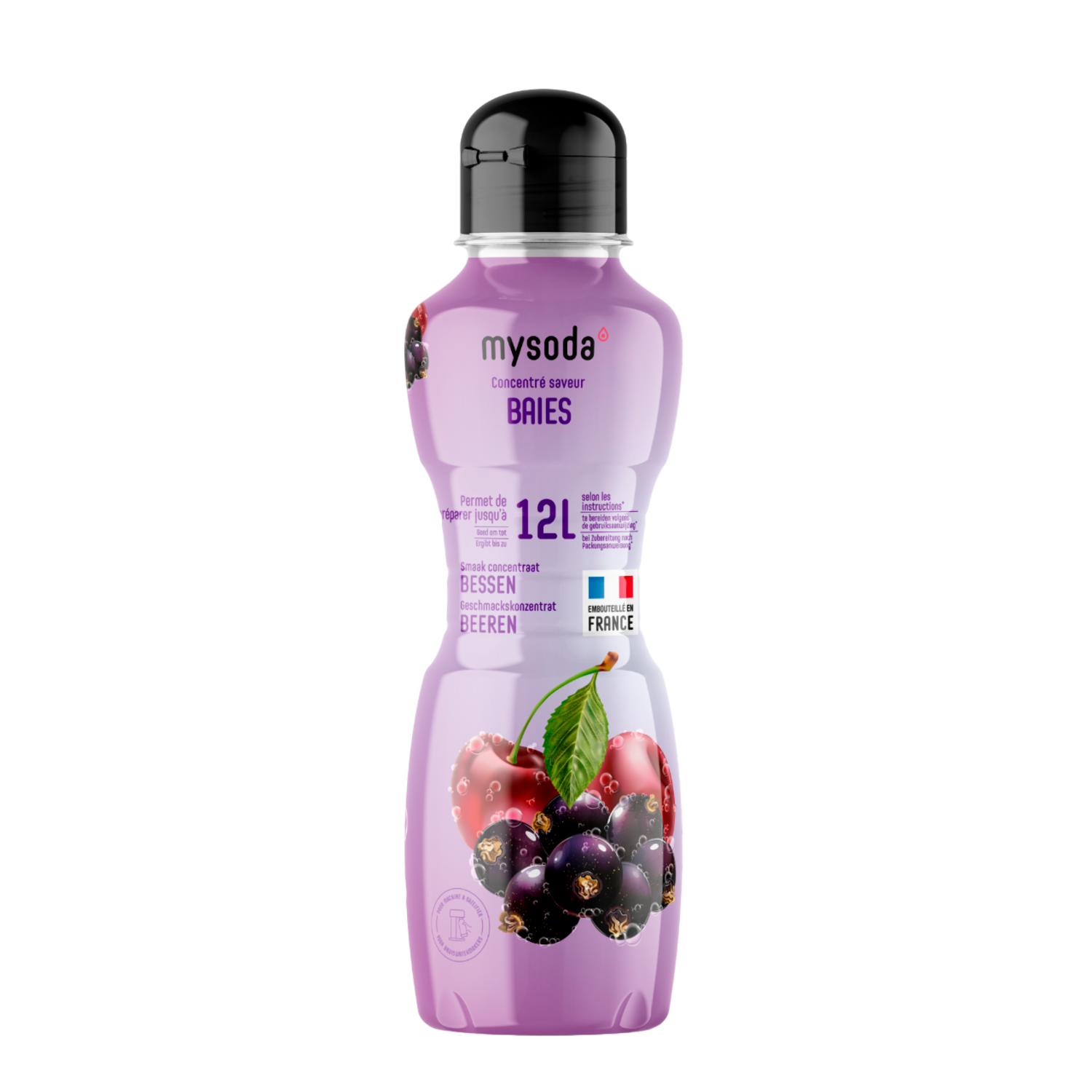 Een paarse fles mysoda bessen smaakconcentraat met bessenillustraties en een zwarte dop.