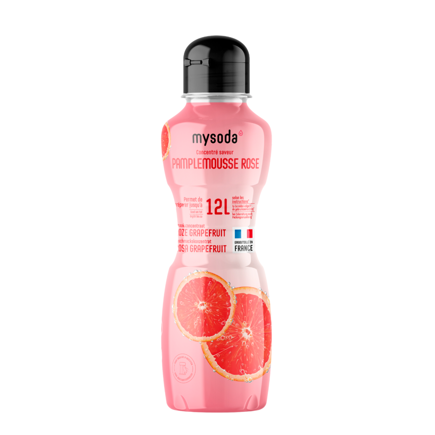 Roze fles mysoda grapefruitconcentraat, grapefruitschijfjes. Zwarte achtergrond.